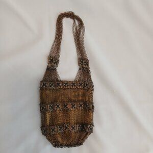 Kenny Ma Metal Mesh Swarovski Flower Beaded Handbag Purse in Bronze